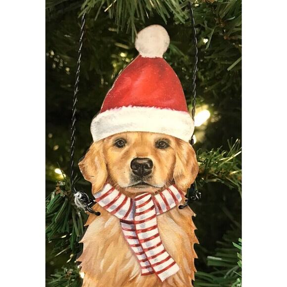 Golden Blonde Retriever Dog Ornament Christmas Tree Santa Hat Scarf Wire Hanger - Picture 2 of 3